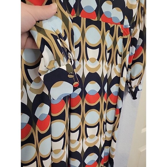 Women's H & M Dress Navy White Brown Pattern Long-Sleeve Knee-Length Pleated - Picture 4 of 7